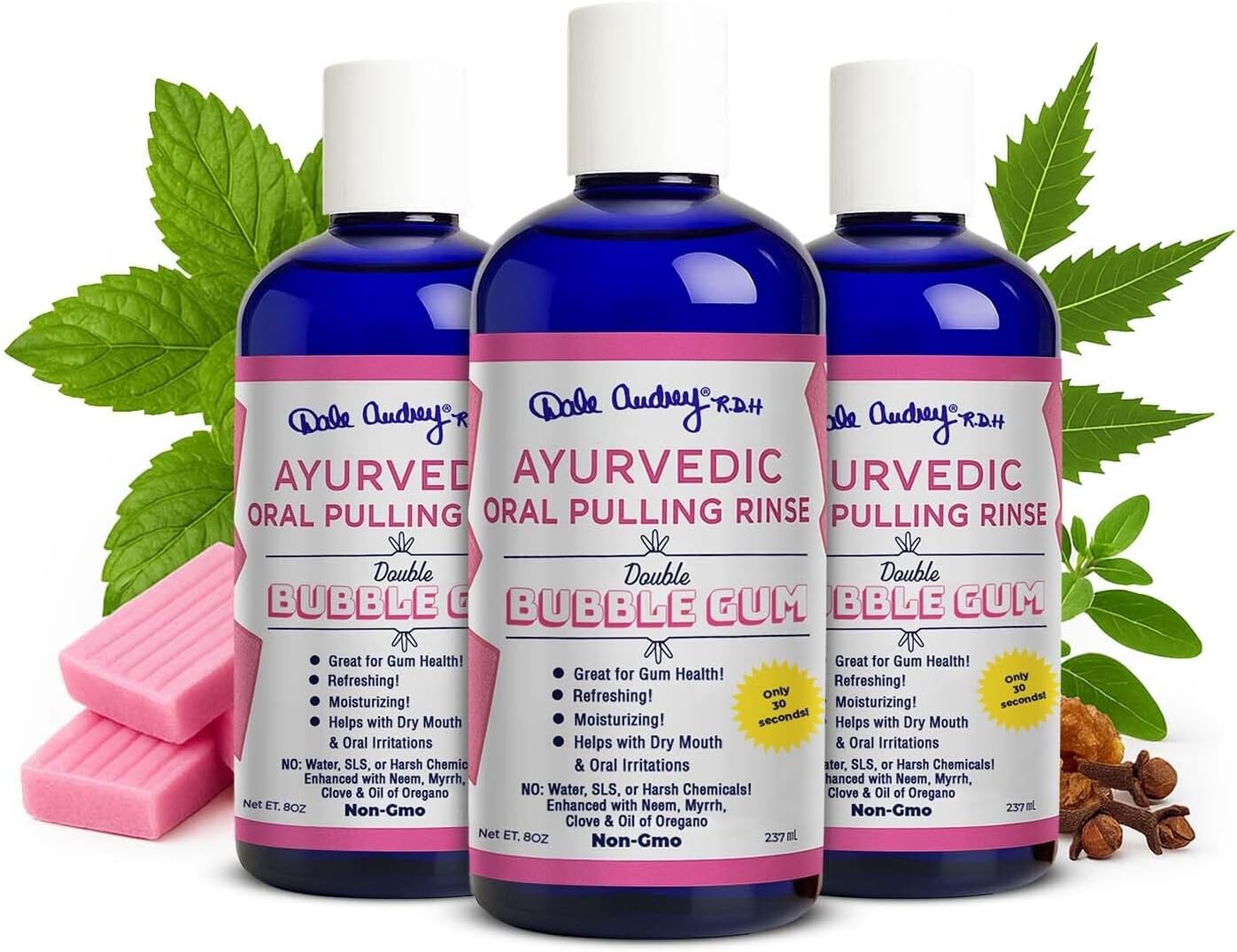 Pack of 3 Ayurvedic Organic Oil Pulling for Teeth and Gums | Bubble Gum Flavored Organic Oral Rinse Mouthwash | Essential Oils for Oral Hygiene, Healthy Gums, Teeth Whitening & Fresh Breath-8 FL Oz