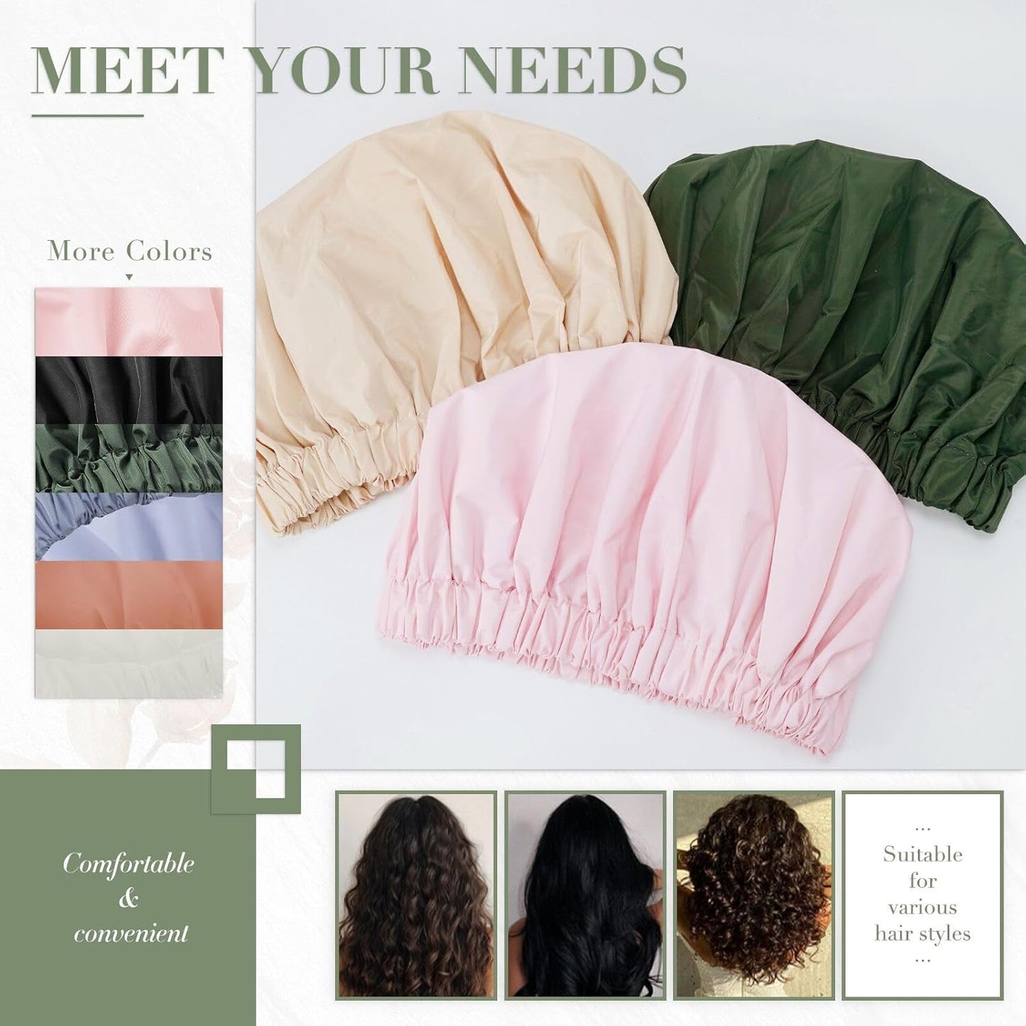 Reusable Shower Cap for Women, Large Waterproof Shower Essentials Bonnet Washable Elastic Band Bath Hair Wrap Hat for Long Hair, Braids(Champagne)