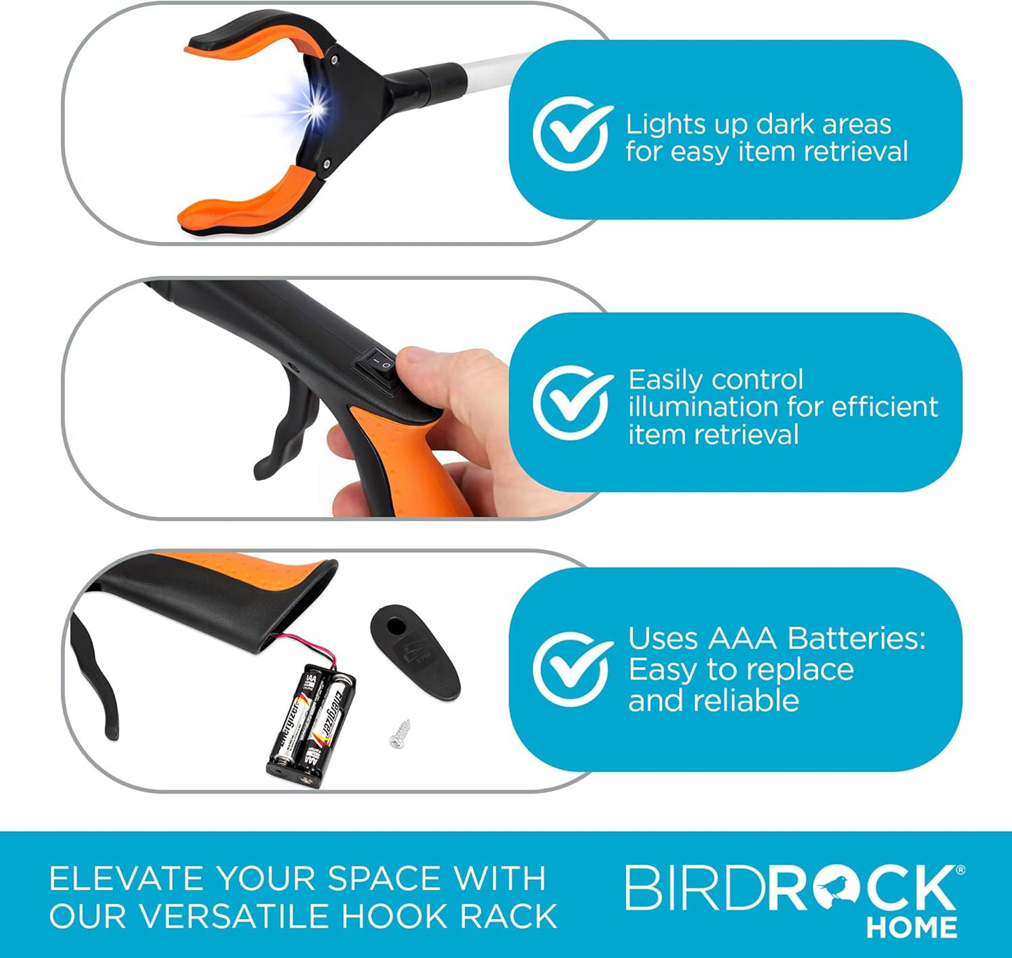 BirdRock Home Grabber Pick Up Tool with LED Light | 32 inch | Light Weight Aluminum Design | Reaching Aid | Articulating Rubber Head | Rubber Grip