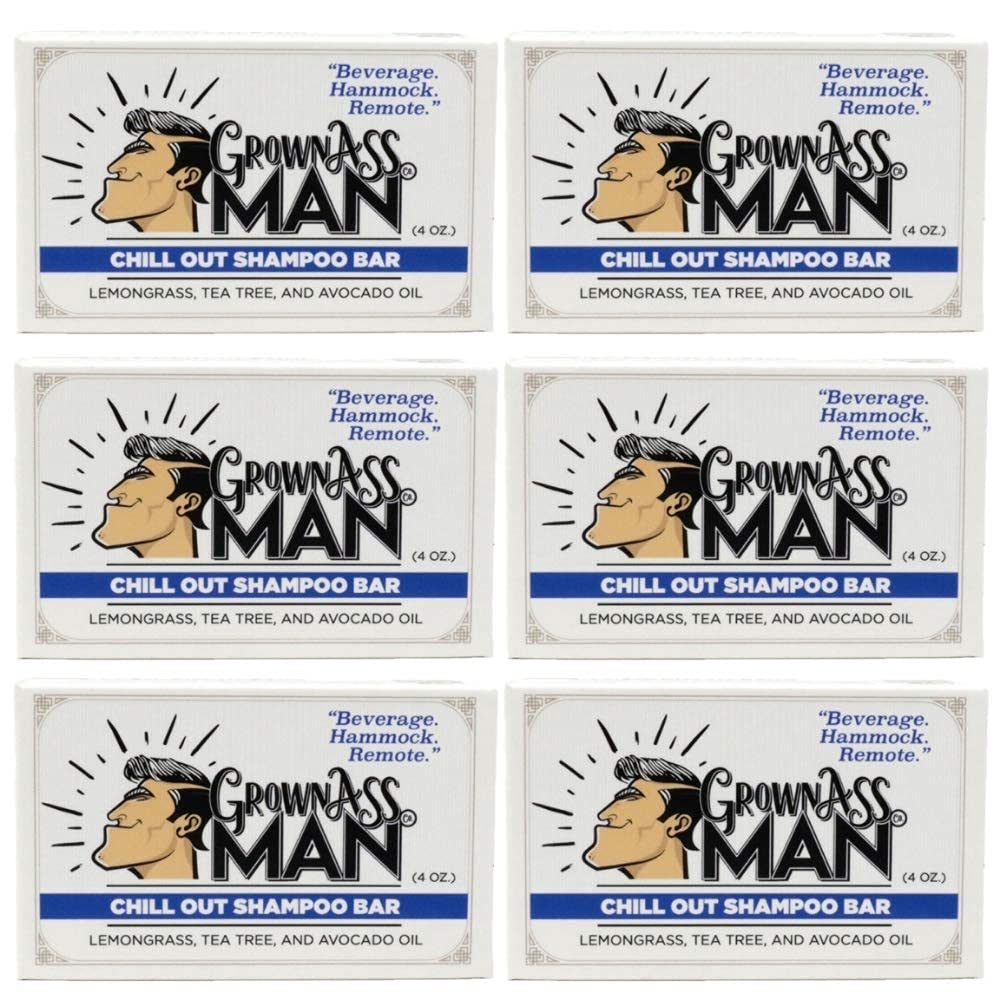 Grown Ass Man Co. - Solid Shampoo Bar Rich Lather 3 in 1: Hair, Beard & Body Wash - Plastic Free & Eco-Friendly, Natural & Organic Clean for All Hair Types, 4oz Bar (Chill Out, 6-Pack)