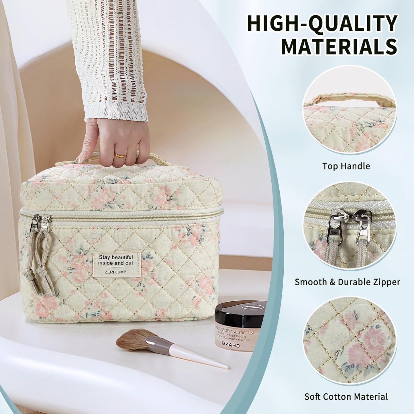 Cute Quilted Floral Makeup Bag(3Pcs)，Coquette Aesthetic Cosmetic Bag，Travel Toiletry Bags， Kawaii Aesthetic pouch for Women (3 - Pink Flower)