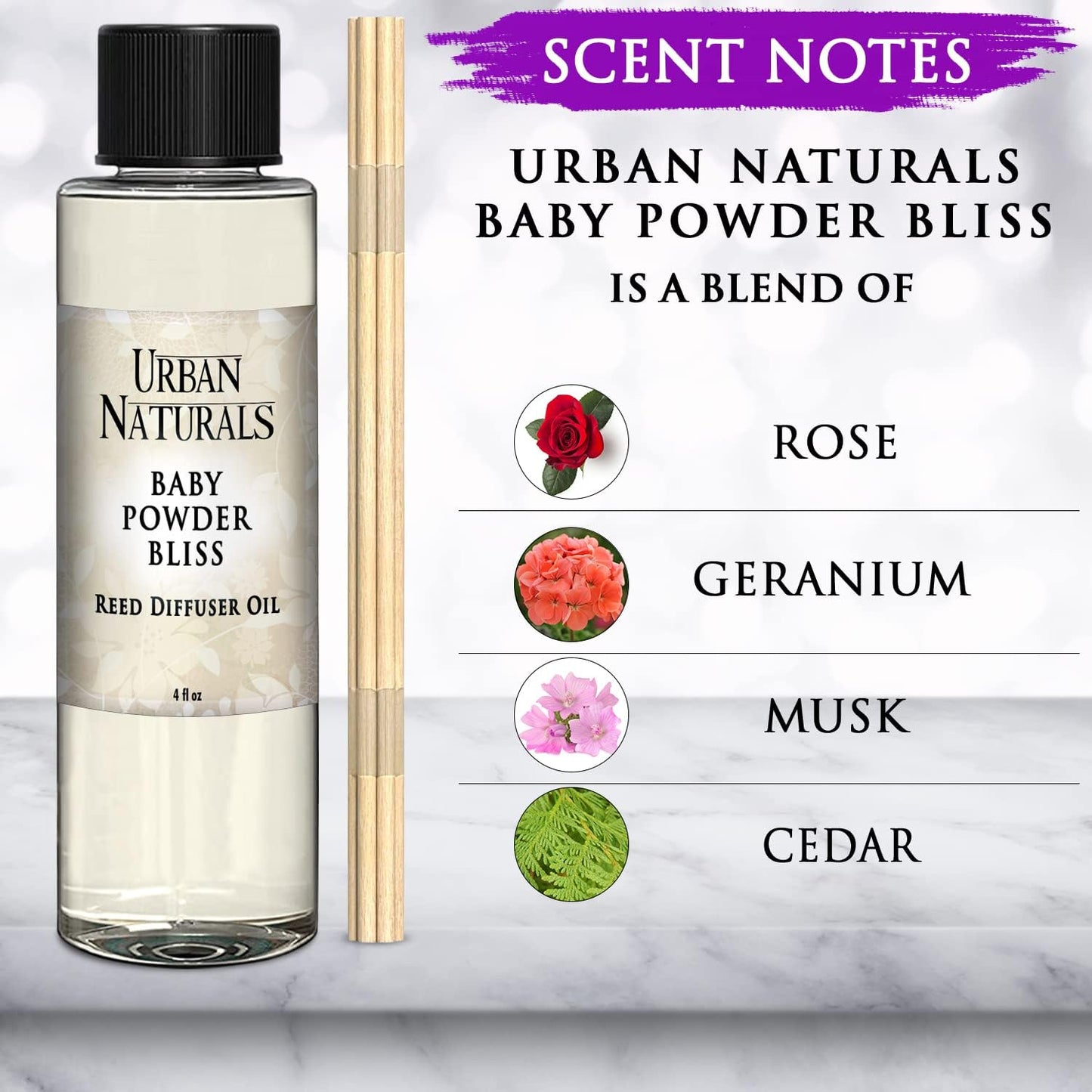 Urban Naturals Reed Diffuser Oil Refill, Baby Powder Bliss Diffuser Oils with Rose, Geranium, Cedar, 4 oz + Free Reed Sticks, Made in The USA