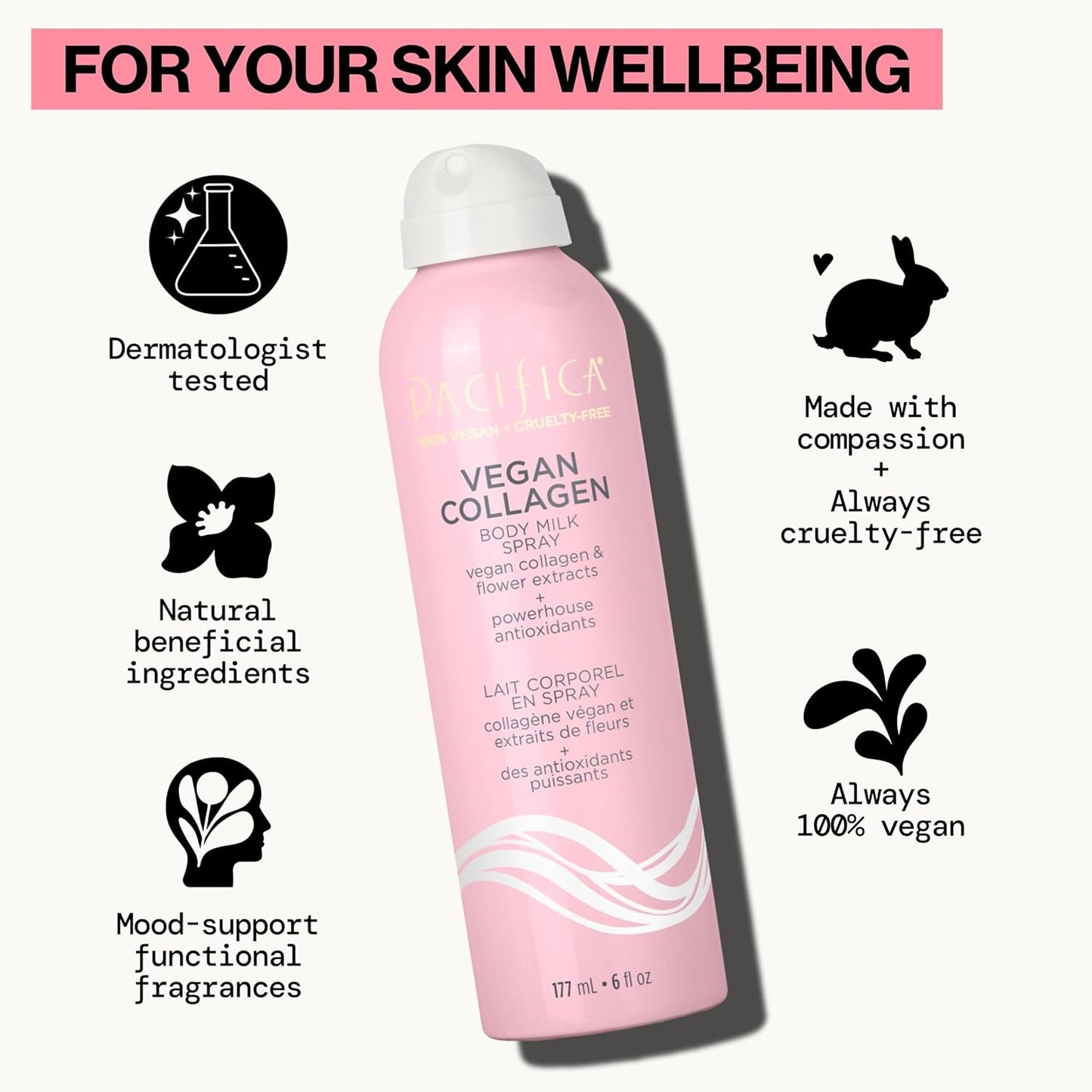 Pacifica Spray Lotion for Body - Vegan Collagen Body Milk Spray – Hydrating Moisturizer Mist Fast-Absorbing Instantly Hydrates & Softens Skin Jasmine & Vanilla Natural Scent Clean Beauty Non-Aerosol