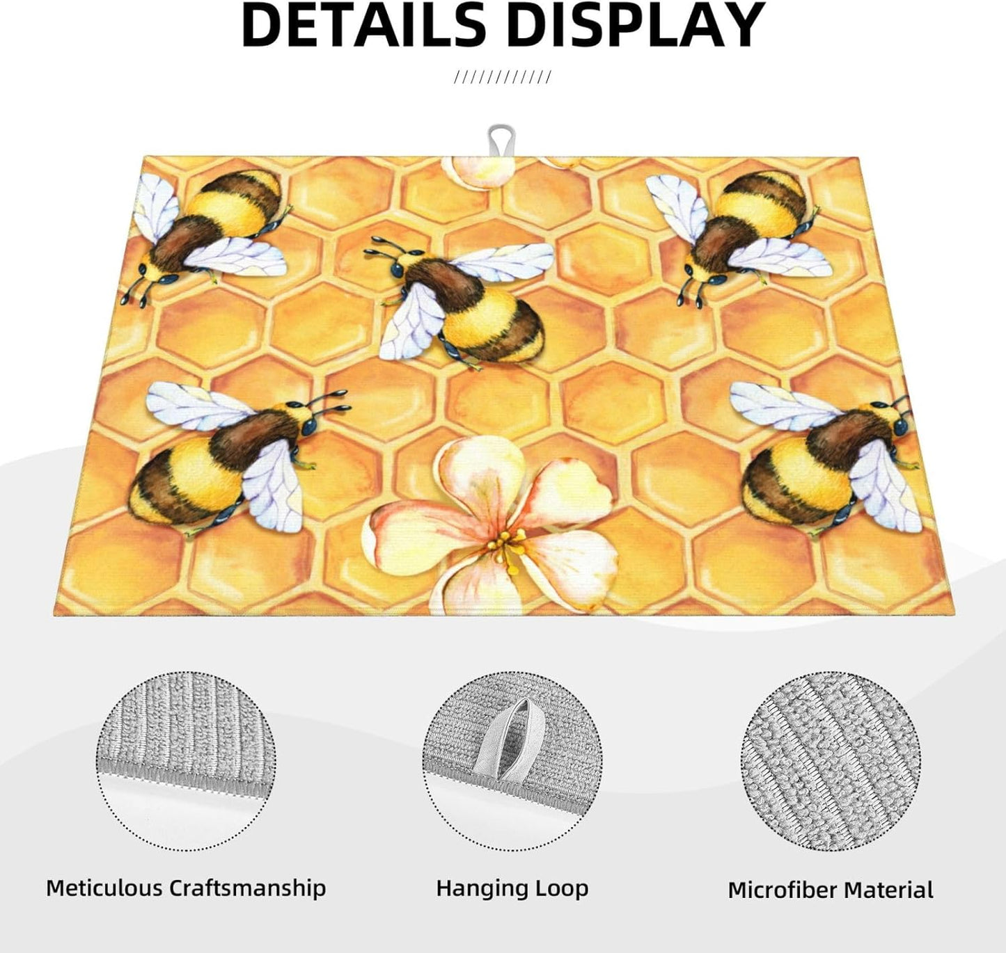 Bee Dish Drying Mat For Kitchen Counter Absorbent Large Kitchen Fast Dry Pad Reusable Washable Protector Rack Large Mat 18 X 24