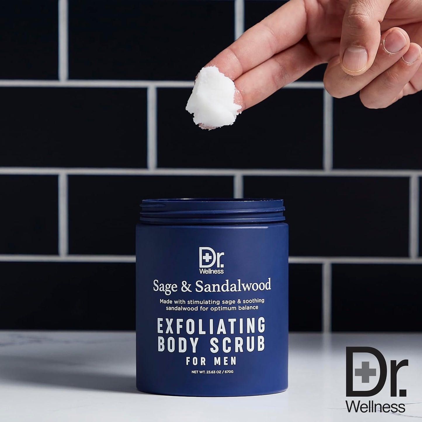 Dr. Wellness Body Scrub for Men- Ultimate Exfoliating Scrub Infused with Sage & Sandalwood, Men’s Body Wash in Jar with Twist Top, 23 oz, For All Skin Types