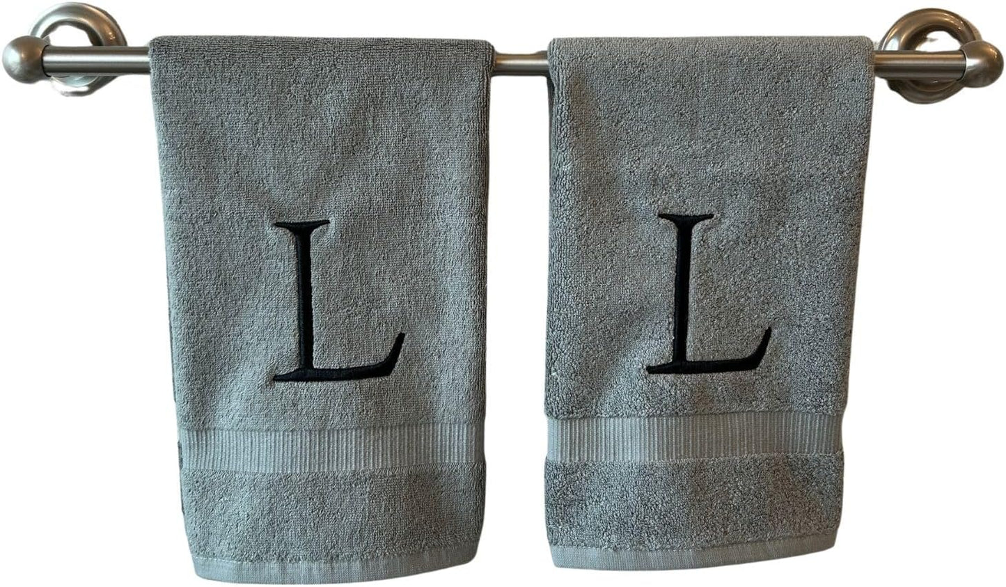 Gray Initial Hand Towel for Bathroom - Monogrammed Luxury Hotel Quality Decorative Embroidered Towel for Powder Room, Spa - GOTS Organic Certified - Set of 2 Black Letter L