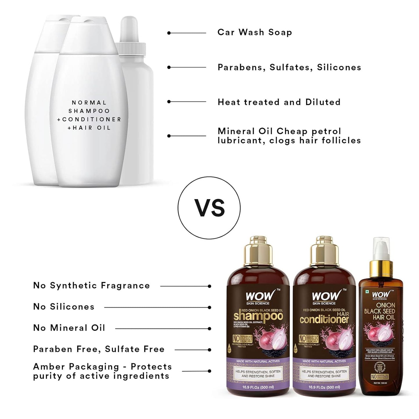 WOW Skin Science Onion Black Seed Oil Shampoo & Conditioner Treatment Set with Oil for Strong, Soft & Shine Hair for All, Dry, Damaged Hair Types, Sulfate, Paraben, Silicone Free
