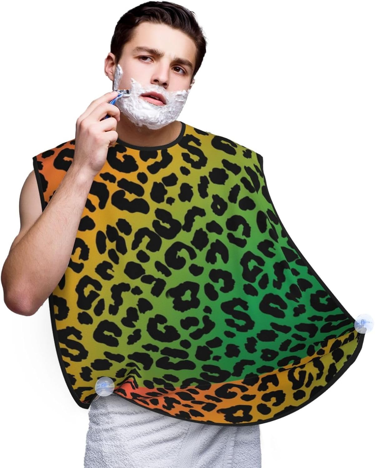 Beard Bib Apron for Men Shaving, Waterproof Non-Stick Hair Catcher with Suction Cups, Grooming Essential for Dad Husband, Rasta Flag Color Cheetah Leopard Print Floral Shave Bib