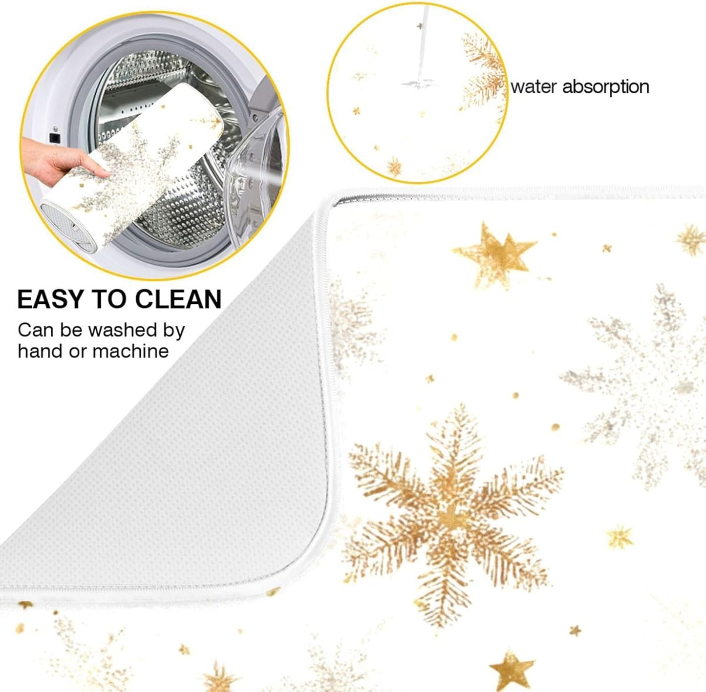 Winter Snowflake White Dish Drying Mat for Kitchen Countertop 16x18 Christmas Snow Golden Xmas Small Drying Mat Reusable Quick Dry Dish Sink Mats Easy Clean Decorative Essentials