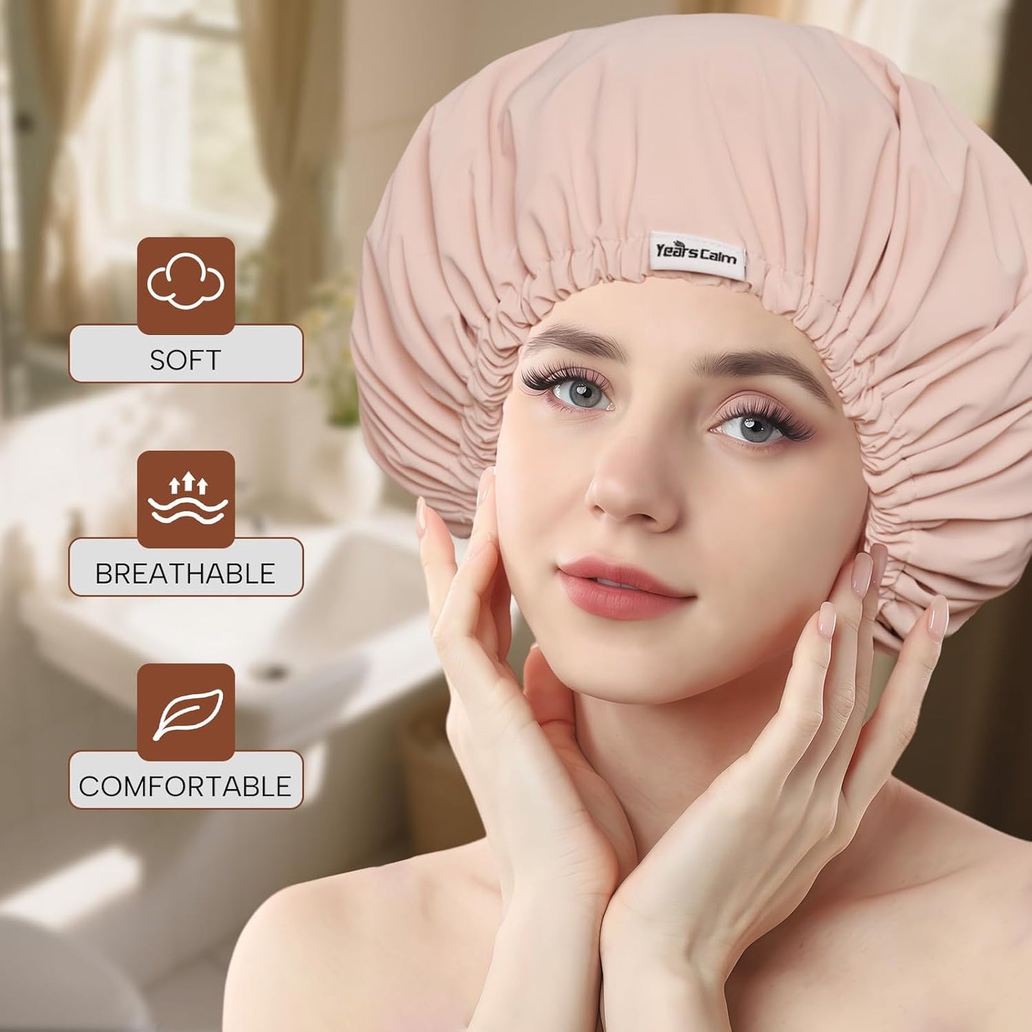 Years calm Shower Cap Reusable Waterproof, Double-Layer Hair Cap, with Elastic Band, Ideal for Shower, Spa, Travel & Cleaning (Light pink, One Size)