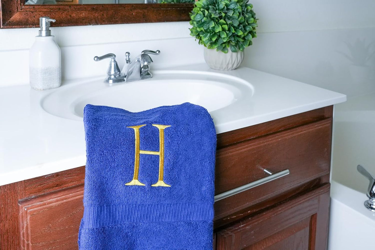 Gold and Navy Monogrammed Hand Towel - Monogram Initial Hotel Quality Decorative Embroidered Luxury Towel for Powder Room, Spa - GOTS Organic Certified - Pack of 2, Letter H