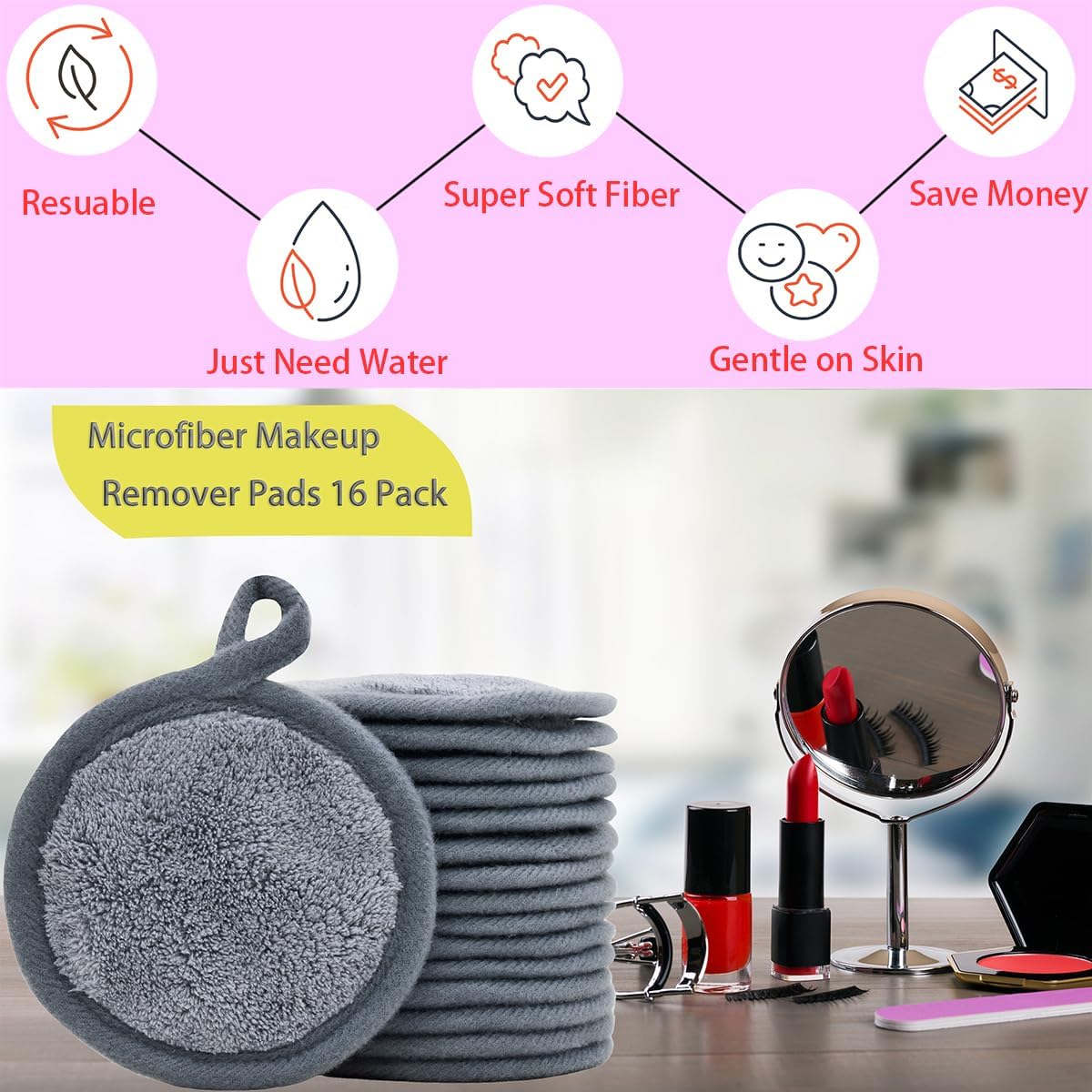 Reusable Makeup Remover Pads 16 Pack Microfiber Cleansing Facial Rounds Wipes Face, Eyes, Lips（3.5inch, grey）