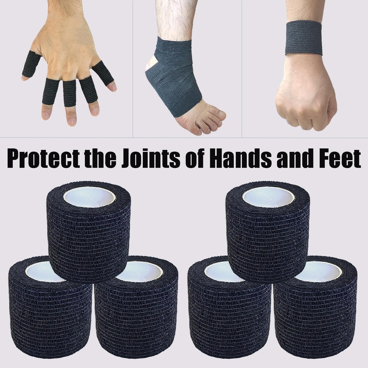 Hysiwen 6 Pack 2" x 5 Yards Self Adhesive Bandage Breathable Cohesive Wrap Self Adherent Vet Tape Self Stick Bandage Wrap for Sports, Athletic, Wrist, Ankle(Black)
