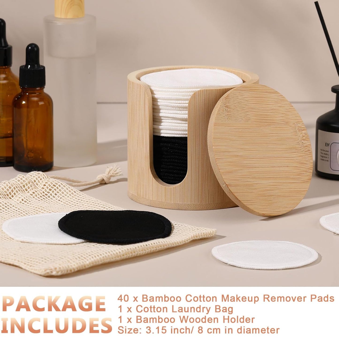Foaincore 40 Pcs Reusable Makeup Remover Pads with Mesh Laundry Bag Washable Bamboo Cotton Rounds Soft Reusable Face Pad for Toner Skin Types with Bamboo Holder (Black White)