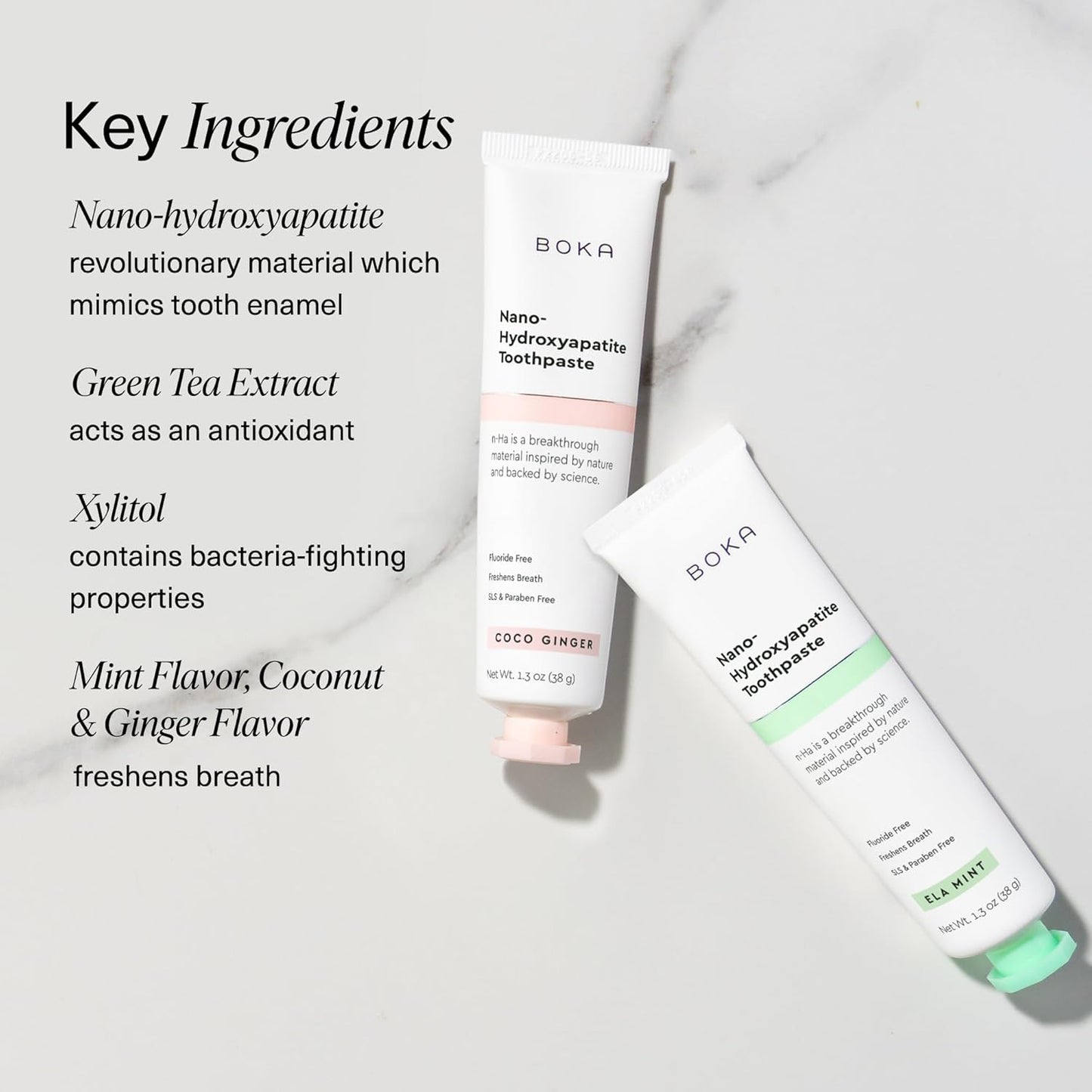 Boka Fluoride Free Toothpaste, Nano Hydroxyapatite Toothpaste, Appropriate for Sensitive Teeth - for Adult, Kids Oral Care - Ela Mint, Coco Ginger Flavor, 1.3 Fl Oz 2Pk US Manufactured