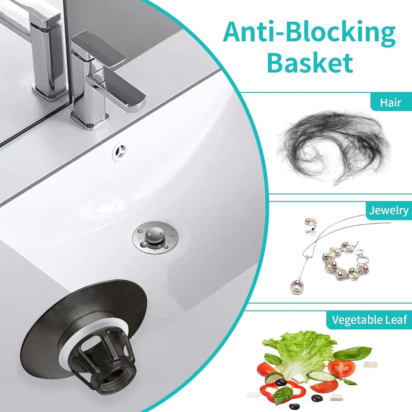 Universal Bathroom Sink Stopper with Hair Catcher, for 1.04-1.97 Inch Drain Hole, Spring Core Bathtub Drain Cover, Pop Up Sink Plug Basin Drain Strainer, Large Lid Black