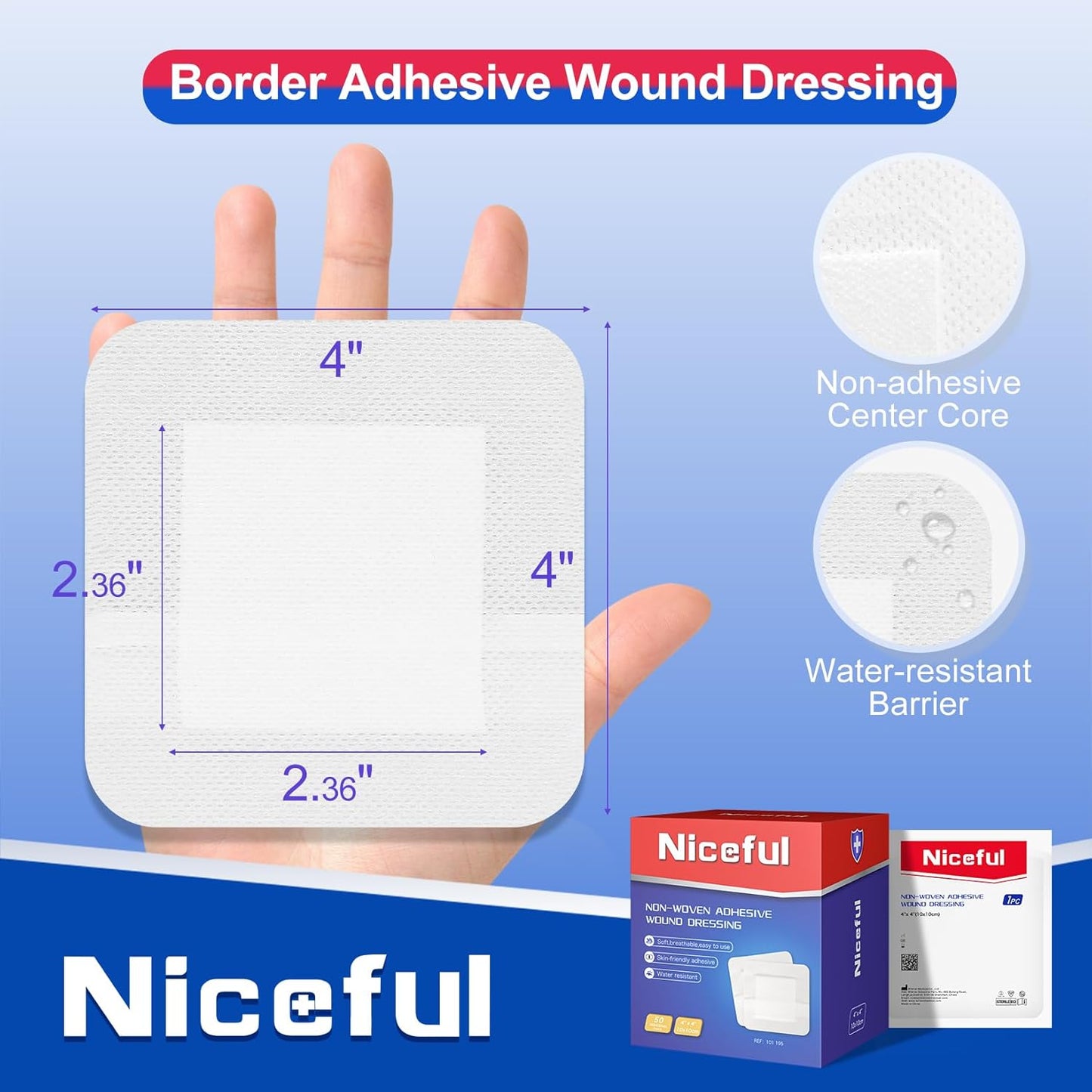 50 Count Adhesive Gauze Island Dressing 4" x 4", Water-Resistant Wound Dressing, Sterile & Absorbent Medical Grade Dressing Pad First Aid Dressing Pads
