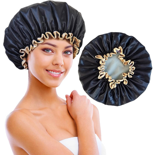 Shower Cap Reusable Waterproof, Large Shower Cap for Women, Shower Caps for Braids Long Hair, Double Layer Satin Plastic Hair Cap for Shower