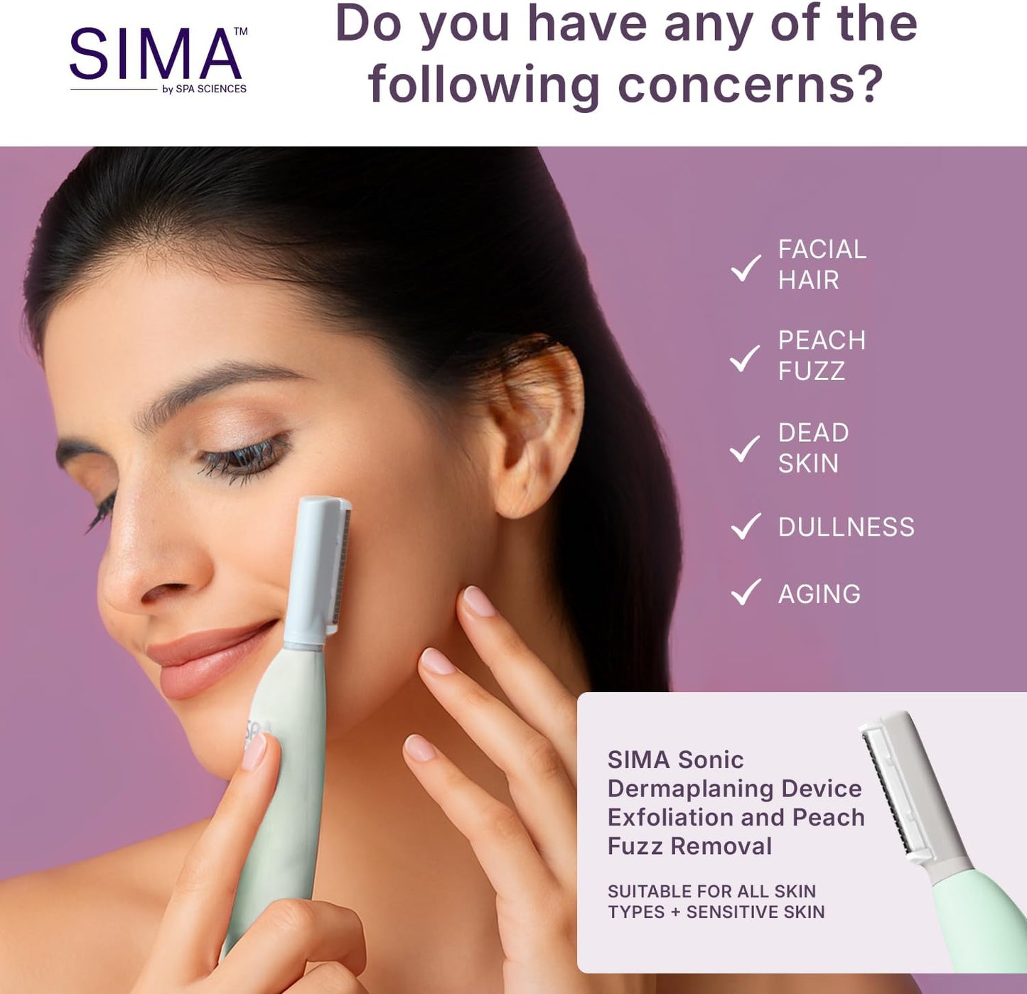 SPA SCIENCES - SIMA Patented Dermaplane Razor for Women Face – Painless 2-in-1 Facial Exfoliation & Peach Fuzz Hair Removal – Anti-Aging – 3 Speeds – Rechargeable – 19 Weeks Treatment