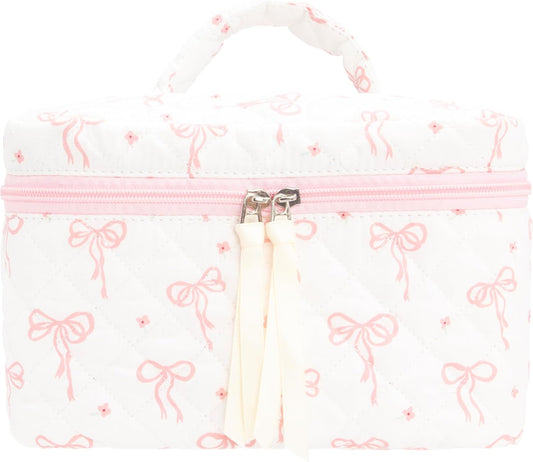Quilted Makeup Bag Large Travel Zipper Soft Cosmetic Case for Women Girls Make Up,Bow Pink
