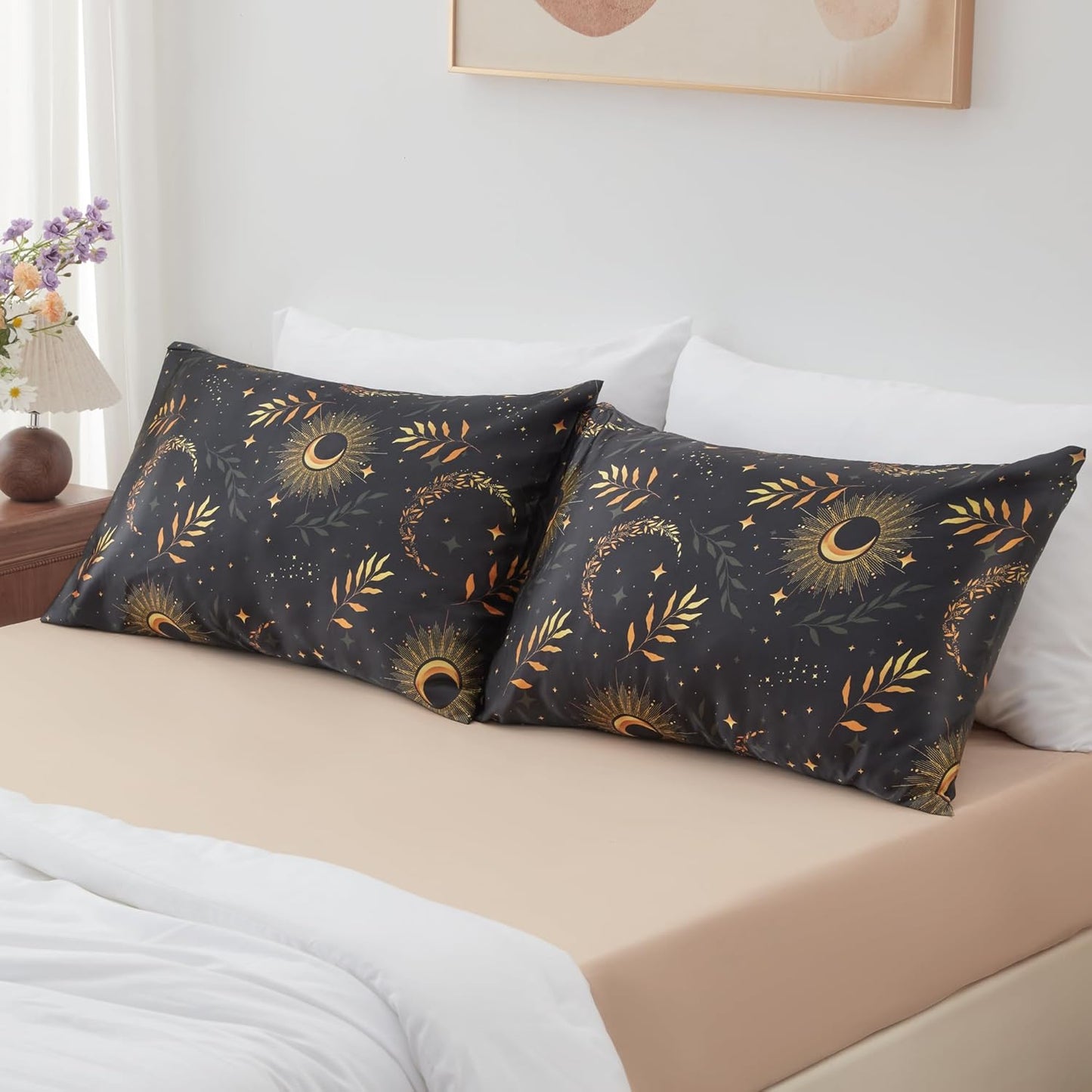 EXQ Home Satin Pillowcase for Hair and Skin - Multicolor Printed Black Moon Silk Pillowcase 2 Pack 20x26 inches - Standard Size Satin Pillow Cases Set of 2 with Envelope Closure