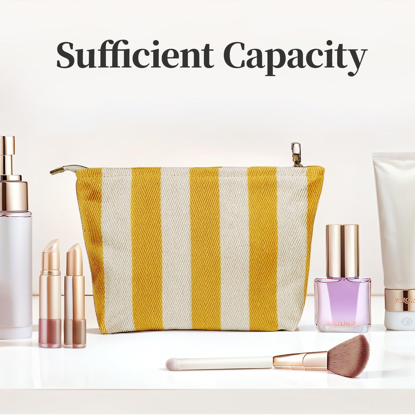 Yellow Striped Makeup Bag for Women, Canvas Cosmetic Bag, Travel Pouches for Purse(10.6" * 7.1" * 2.8"), Zipper Make Up Pouch,Perfect for Storing Makeup And Accessories, Daily Makeup Organizer Gifting