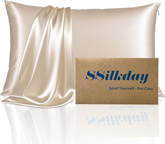 Mulberry Silk Pillow Cases with Zipper, Ultra Smooth Soft Breathable Cooling Pillow Cases for Hot Sleepers, Silk Satin Pillowcase for Hair and Skin, Gifts for Women (Champagne, Standard Size, 1 Pack)