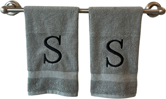 Gray Initial Hand Towel for Bathroom - Monogrammed Luxury Hotel Quality Decorative Embroidered Towel for Powder Room, Spa - GOTS Organic Certified - Set of 2 Black Letter S