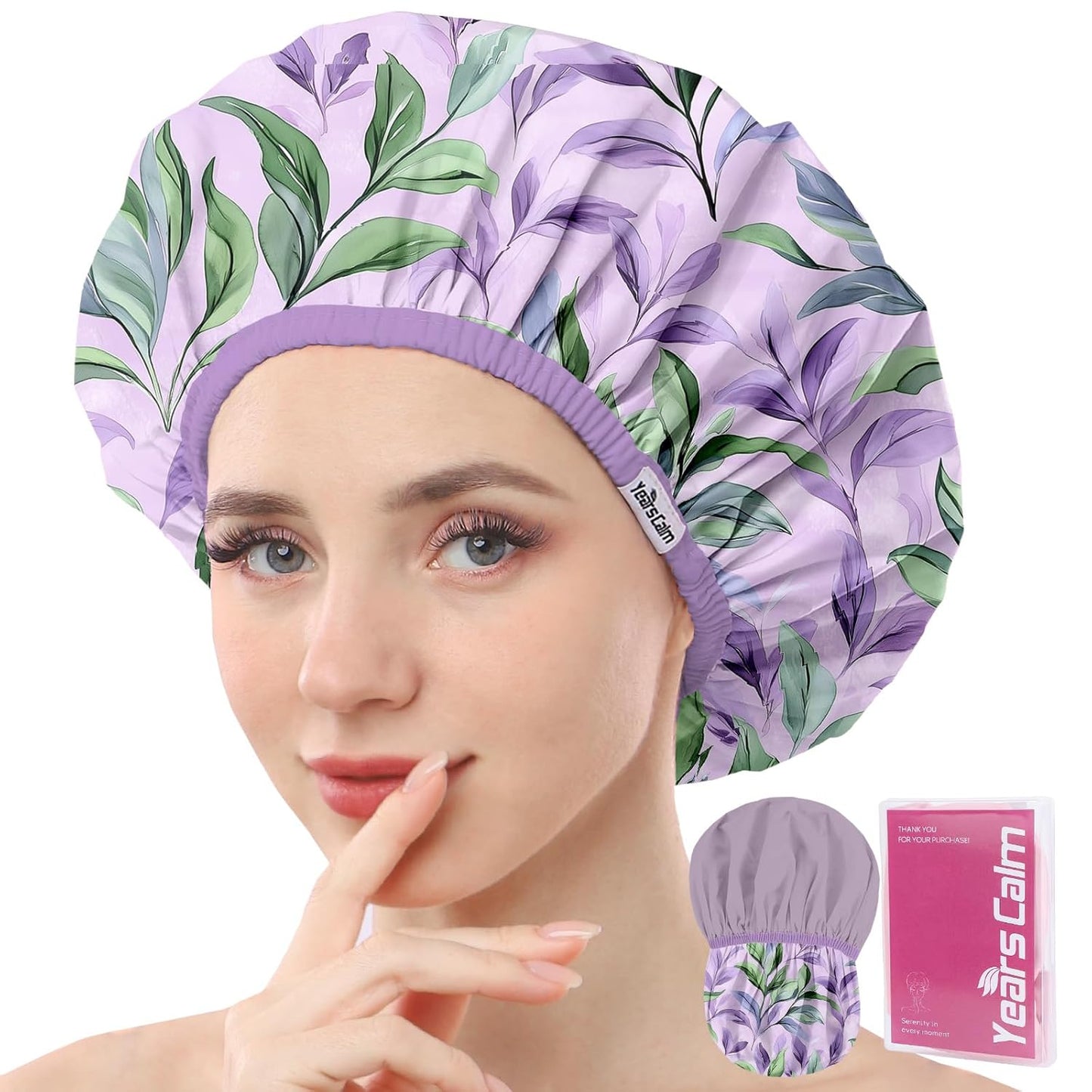 Years calm Shower Caps for Women Reusable Waterproof – Double Layer Elastic Cap with Tropical Botanical Print Shower Cap for Shower, Spa, Travel, Bath & Daily Hair Protection