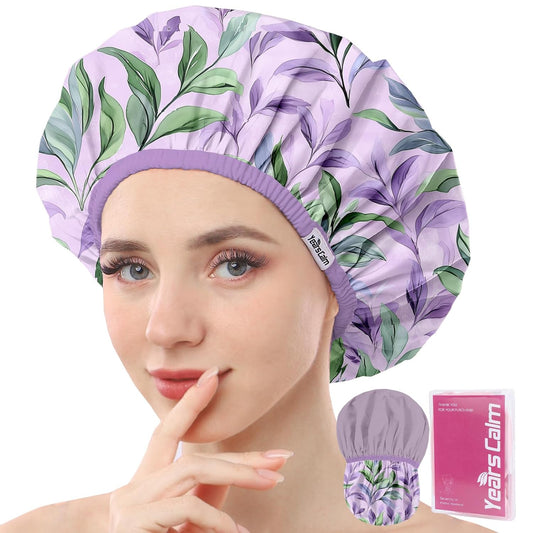 Years calm Shower Caps for Women Reusable Waterproof – Double Layer Elastic Cap with Tropical Botanical Print Shower Cap for Shower, Spa, Travel, Bath & Daily Hair Protection