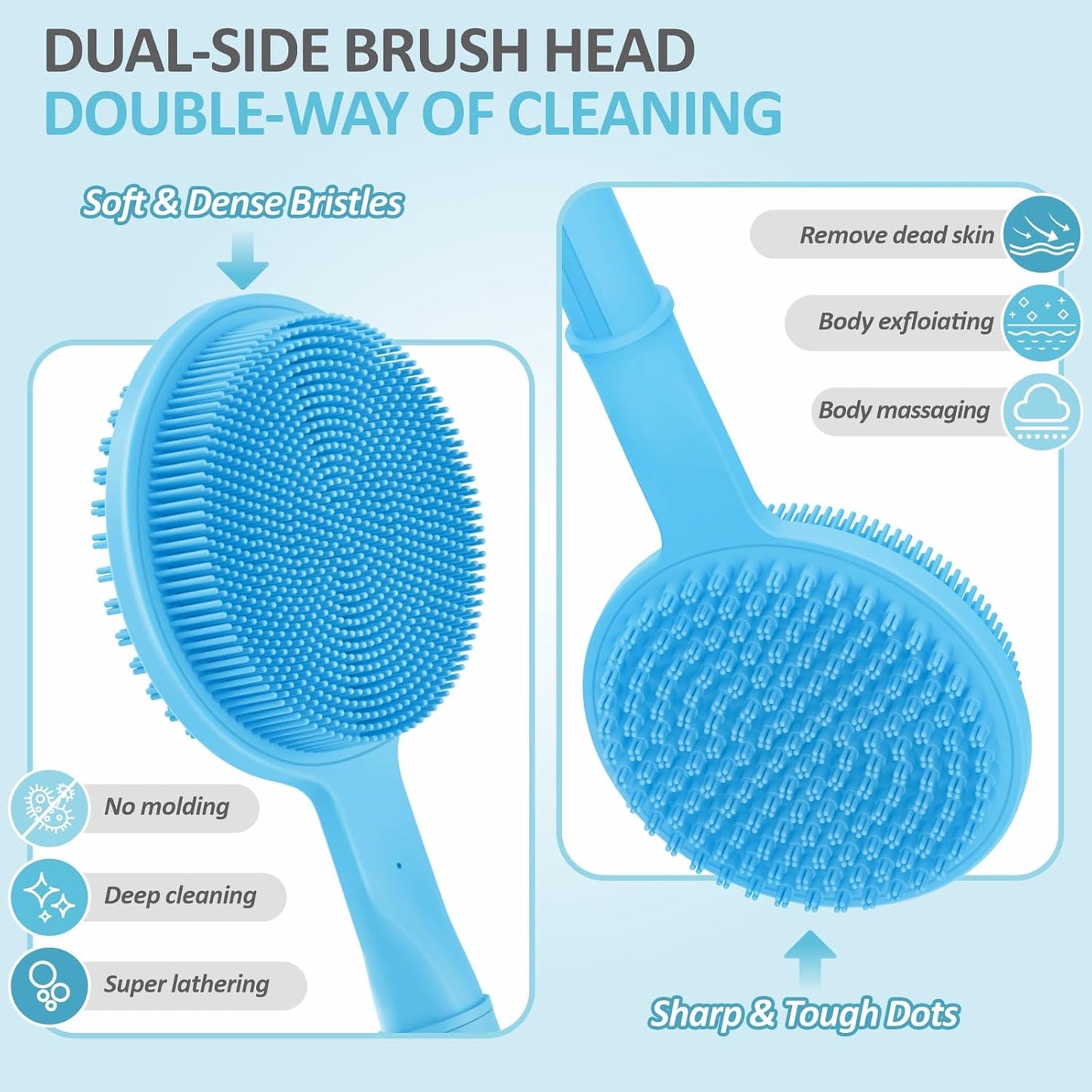 Adjustable Silicone Back Scrubber for Shower, 16''- 24'' Extendable Shower Back Scrubber for Rich Foam, 5-Length Back Brush Bath Brush with Dual-Side Head and Super-Lathering Bristles(Blue)