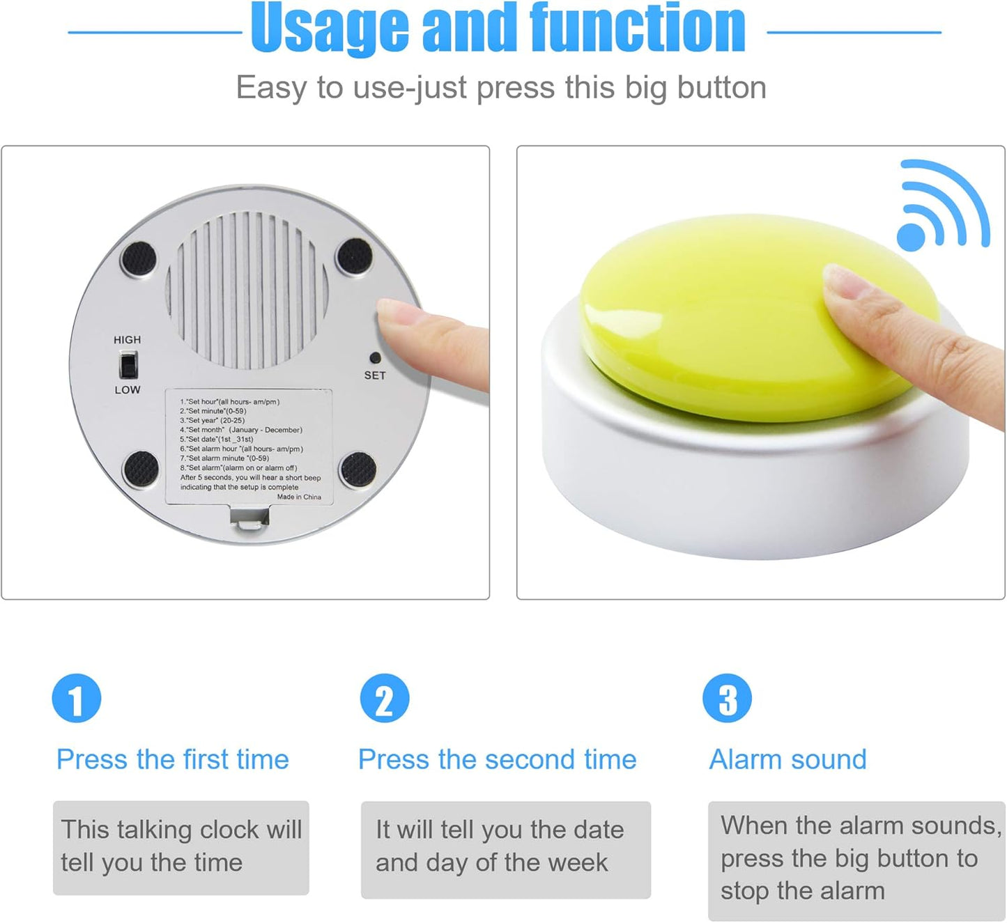 Large Talking Button Clock, Talking Alarm Clock with Volume Control Telling Time and Day of The Week Alarm Gift Clock for Mother Father Seniors Elderly Blind People - (Yellow and Silver)