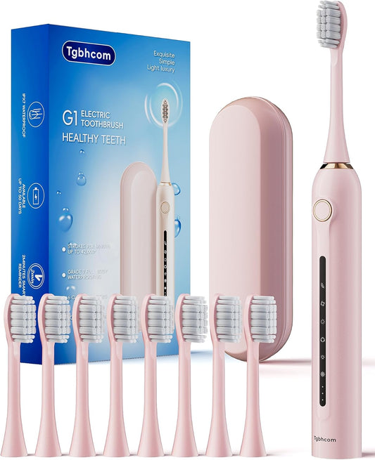 Pink Electric Toothbrushes, with 8 Brush Heads, 1 Travel Toothbrush Case, for Adults and Kid Electric Toothbrush, Long 180-Day Battery Life, 6 Modes, IPX7 Waterproof, Smart 2-Minute Timer.