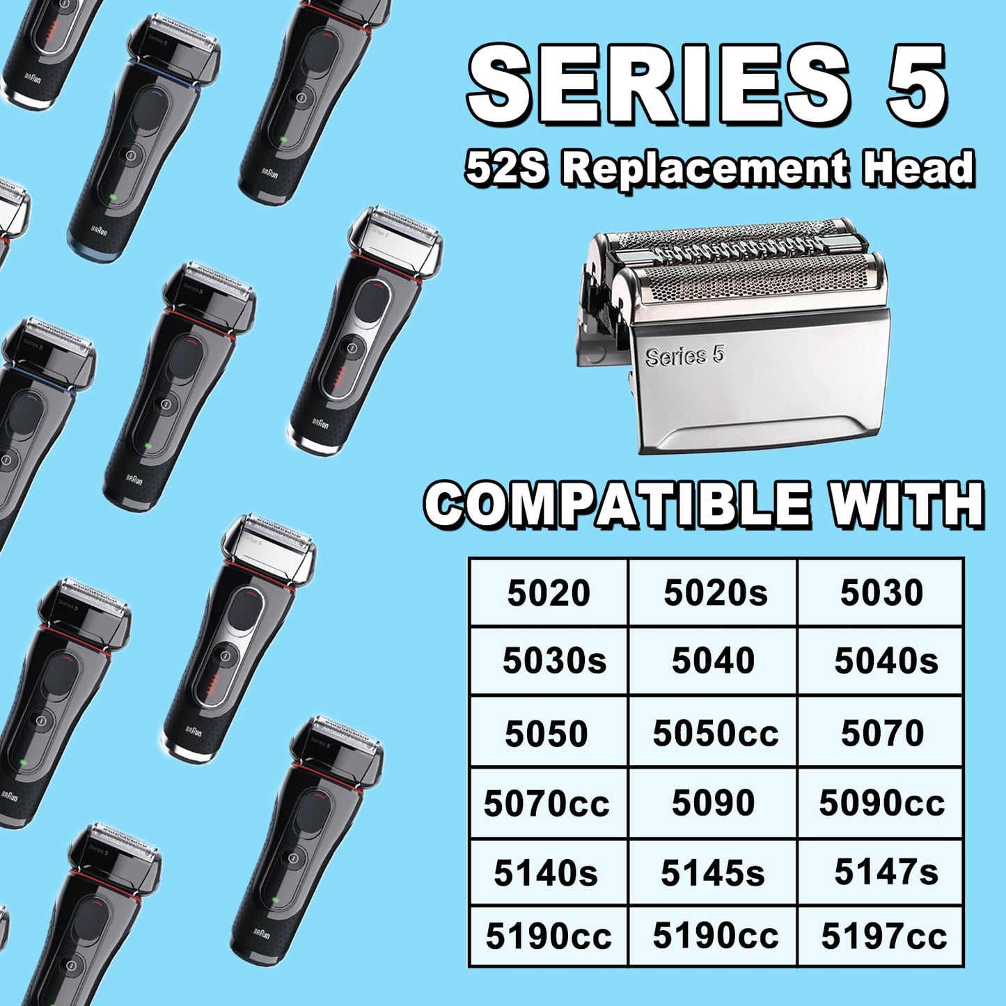 52S 2PCS, Series 5 Electric Shaver Replacement Head Compatible, 52S Replacement Electric Shaver Heads for Men Razor Shaving Blades Fit for Braun Series 5: 5090/5190cc, 5040/5140s, 5030s, 5147s
