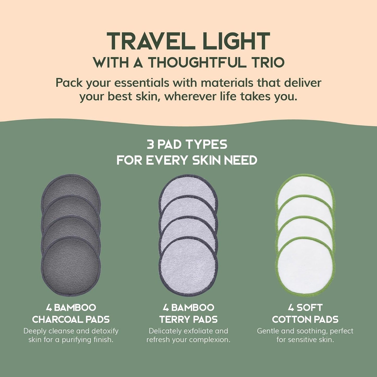 Greenzla Reusable Makeup Remover Pads Travel Set - 12 Pack Microfiber Cotton Pads, Dark Charcoal Cotton Rounds, and Bamboo Terry Face Wipes for All Skin Types with Mesh Laundry Bag and Travel Pouch