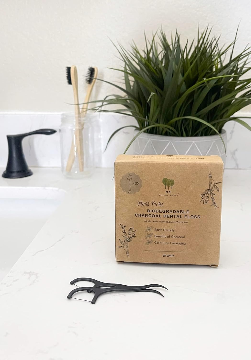 Me Mother Earth Vegan Biodegradable Dental Floss Picks (200 Count) - Natural | Sustainable | Eco-Friendly | Charcoal Dental Flossers for a Zero Waste Oral Care (3 Inch)