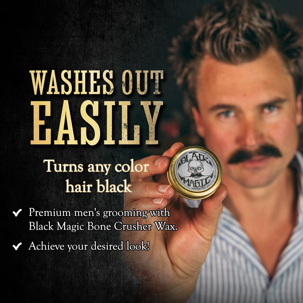 Black Mustache Wax | Black Magic Death Grip Moustache Wax | Hide Grey Hair In Beard Or Moustache | Extra Strong Hold Mustache Wax Unscented | 1 oz Tin Heat Source Required (Black Magic Bone Crusher)
