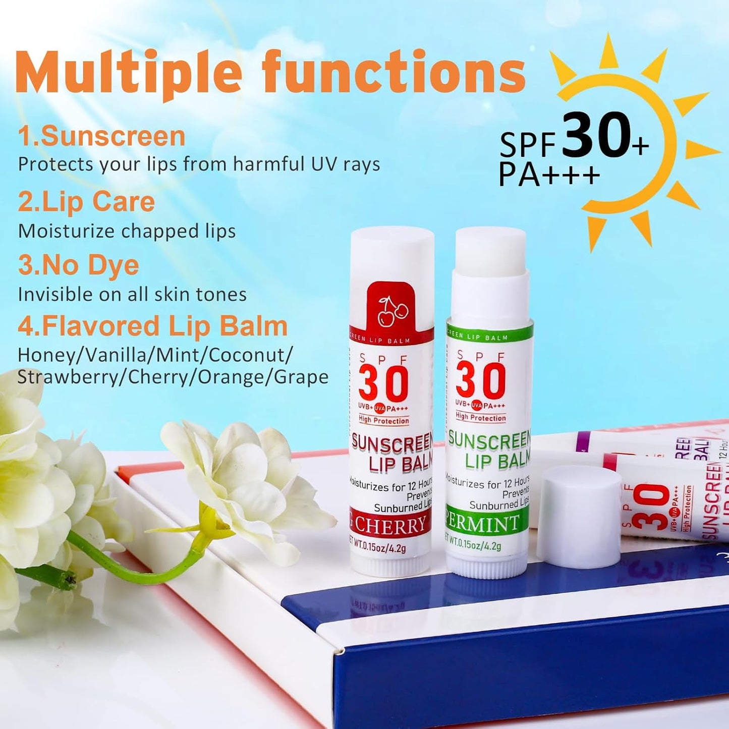 SPF 30 Sunscreen Lip Balm, Bulk Travel Size-64 Pack, Hydrating with Vitamin E & Coconut Oil- 8 Flavors