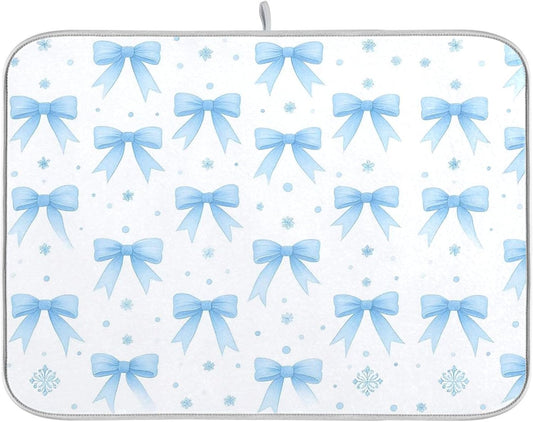 Blue Bow Ribbon Dish Drying Mat for Kitchen Countertop 18x24 Bowknot White Coquette Pattern Large Drying Mat Reusable Quick Dry Dish Sink Mats Easy Clean Decorative Essentials