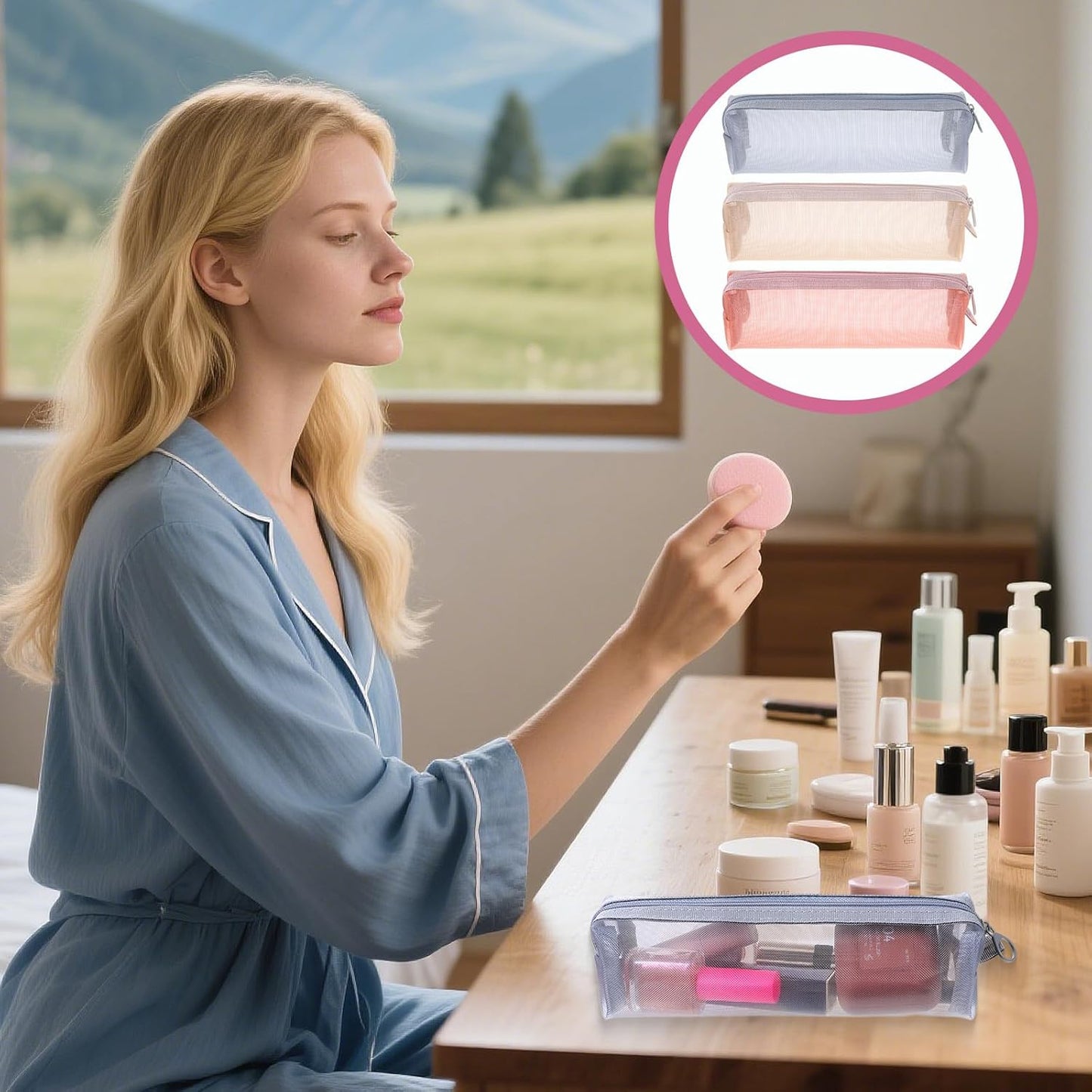 3PCS Mesh Makeup Brush Bag, Mesh Zipper Pouch Bags 7" Portable Travel Cosmetic Bag Square Pencil Case Organizer Stationery Storage Bags for Home Office Supplies Cosmetics Makeup Travel Accessories