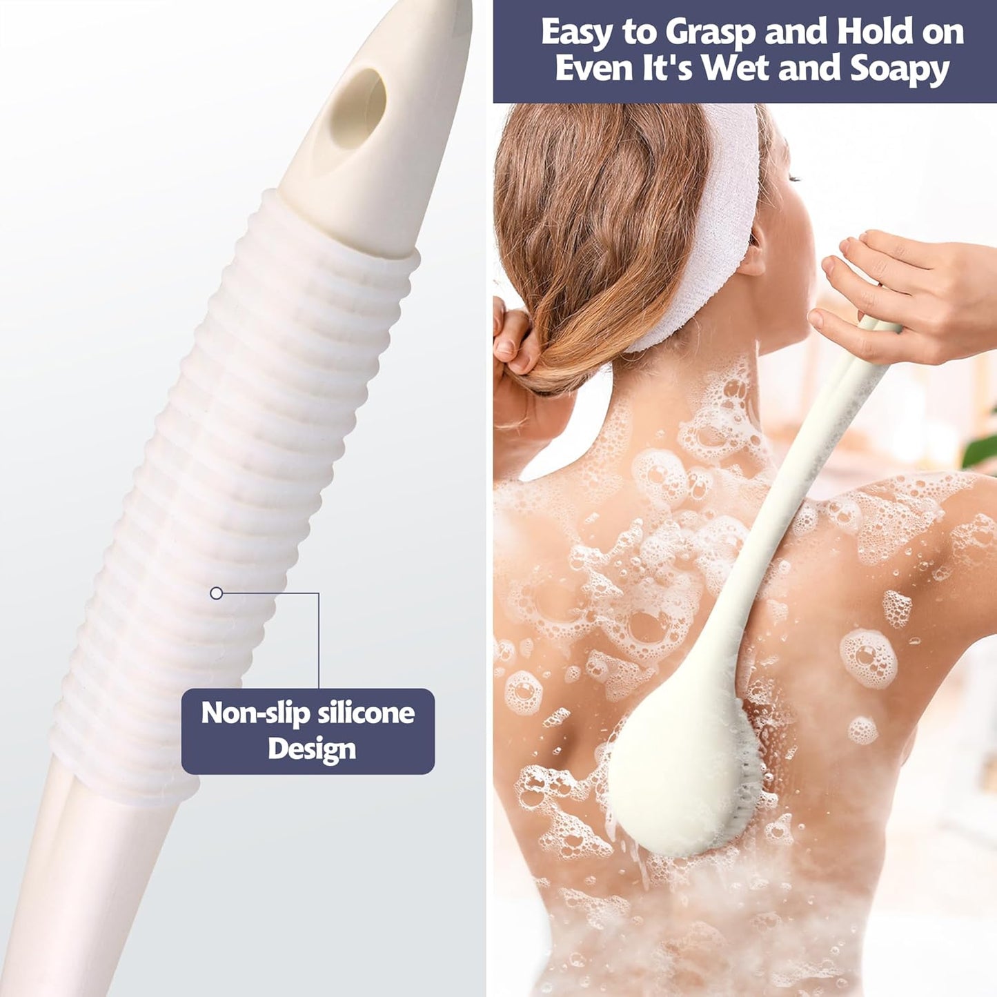 BEDELITE Back Bath Brush Long Handle for Shower of 2 - Soft Shower Brush for Men & Women,Back Brush Scrubber - 16.4" Long Skin Exfoliator for Body Bath Scrubber（2 Pack, Pink & Ivory）
