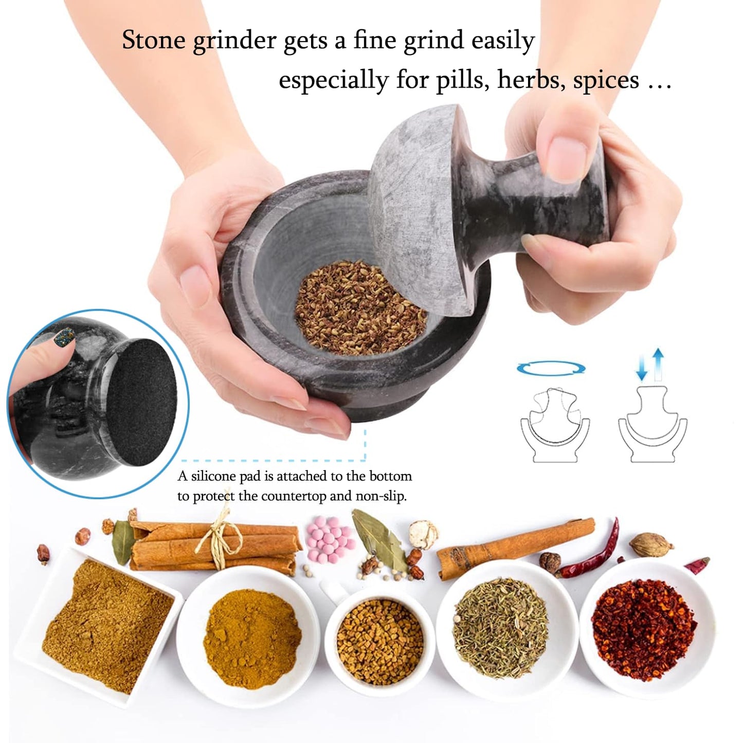 Mortar and Pestle Set, Marble Mortar and Mushroom Pestle,4 inch,1/2 Cup,Stone Grinder with Brush Placemat for Pills Herbs Spices,Easy to Grip,Gets a Fine Grind Easily,Pill Crusher,Black