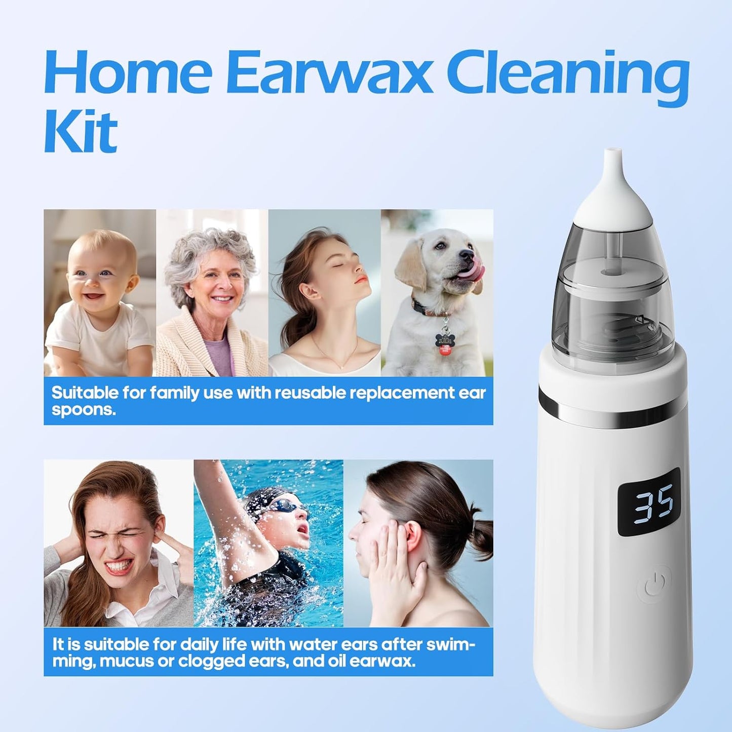Ear Wax Vacuum,Ear Vacuum Suction,5 Levels,LED, Sucker Soft, Reusable Ear Wax Removal Kit,USB Charging, for Kids & Adult,Swimmers
