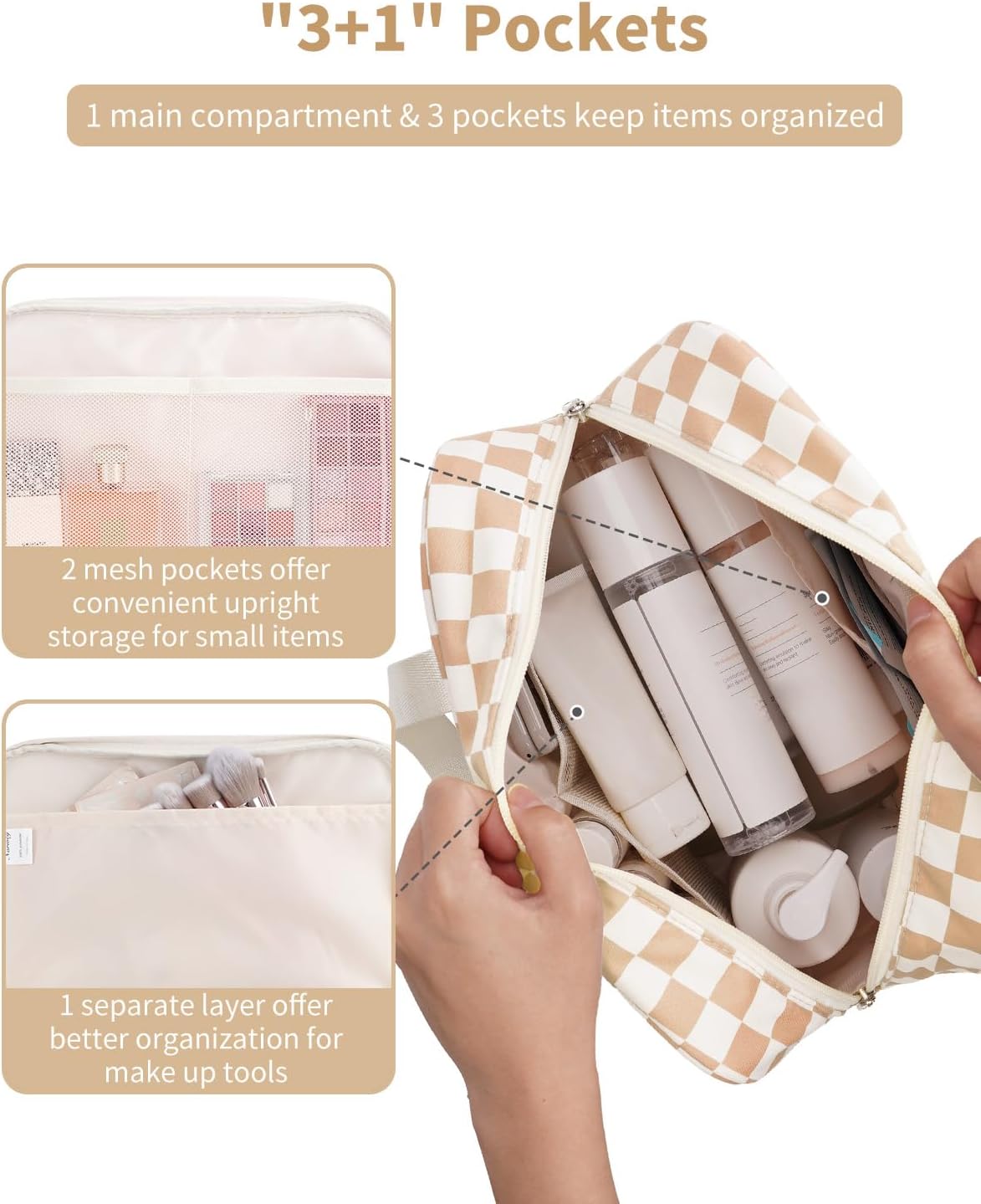 Narwey Large Checkered Travel Toiletry Bag Women Toiletries Bag Makeup Bag with Handle Make up bag Organizer Cosmetic Bag Medicine Bag for Girls (Light Checkerboard, Large)