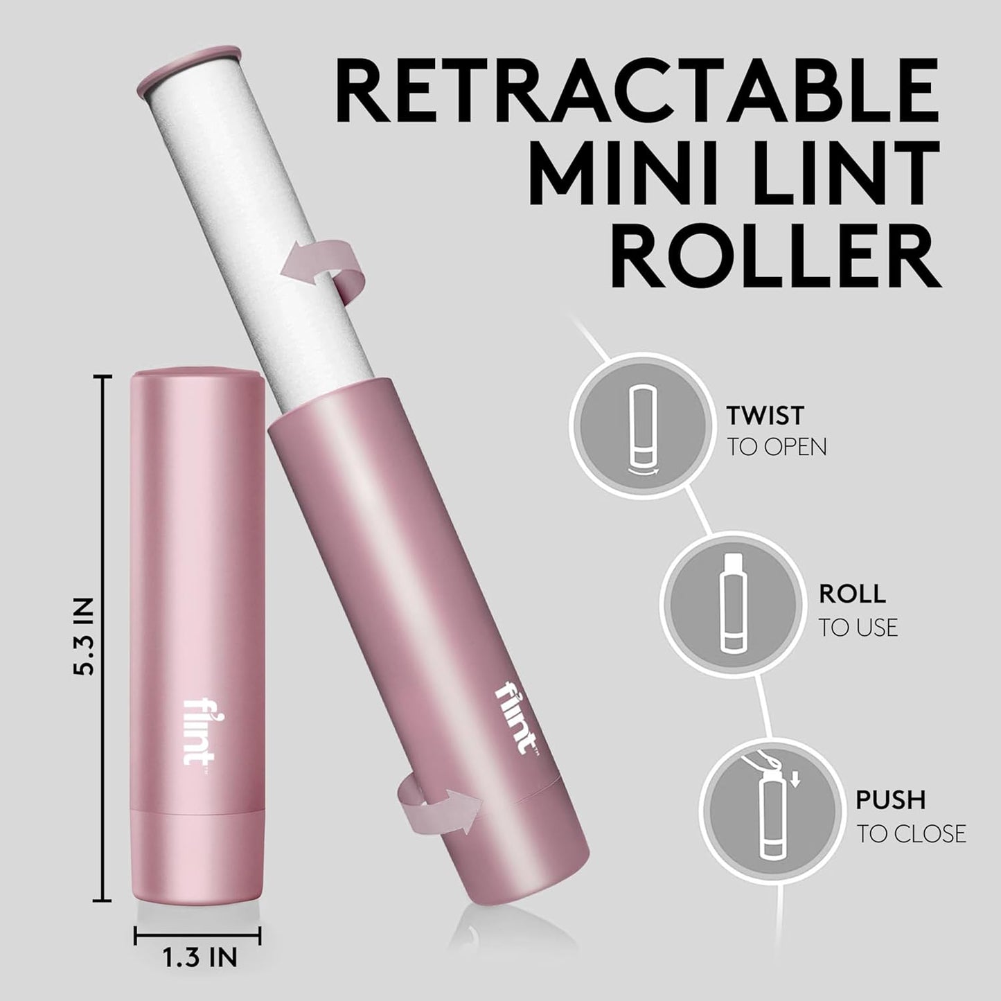 Flint Rose Gold Retractable Mini Lint Roller with 90 Extra Sticky Sheets, Small and Portable Lint Roller, Ideal Pet Hair Remover, Travel Lint Rollers for pet Hair Extra Sticky