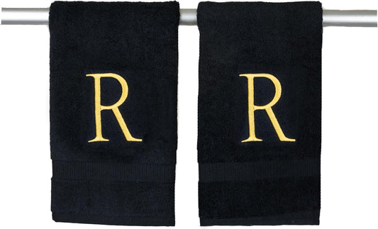 Gold and Black Monogrammed Hand Towel - Monogram Initial Hotel Quality Decorative Embroidered Luxury Towel for Powder Room, Spa - GOTS Organic Certified - Pack of 2, Letter R