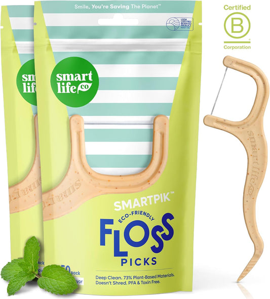 SmartLifeco Eco-Friendly Dental Floss Picks (100ct) - Flossers Made with Straw Wheat Blend, Superior Anti-Shred Thread for Tight Gaps, Tooth Pick Stick for Adults, Soft on Gum & Teeth, Vegan, Mint
