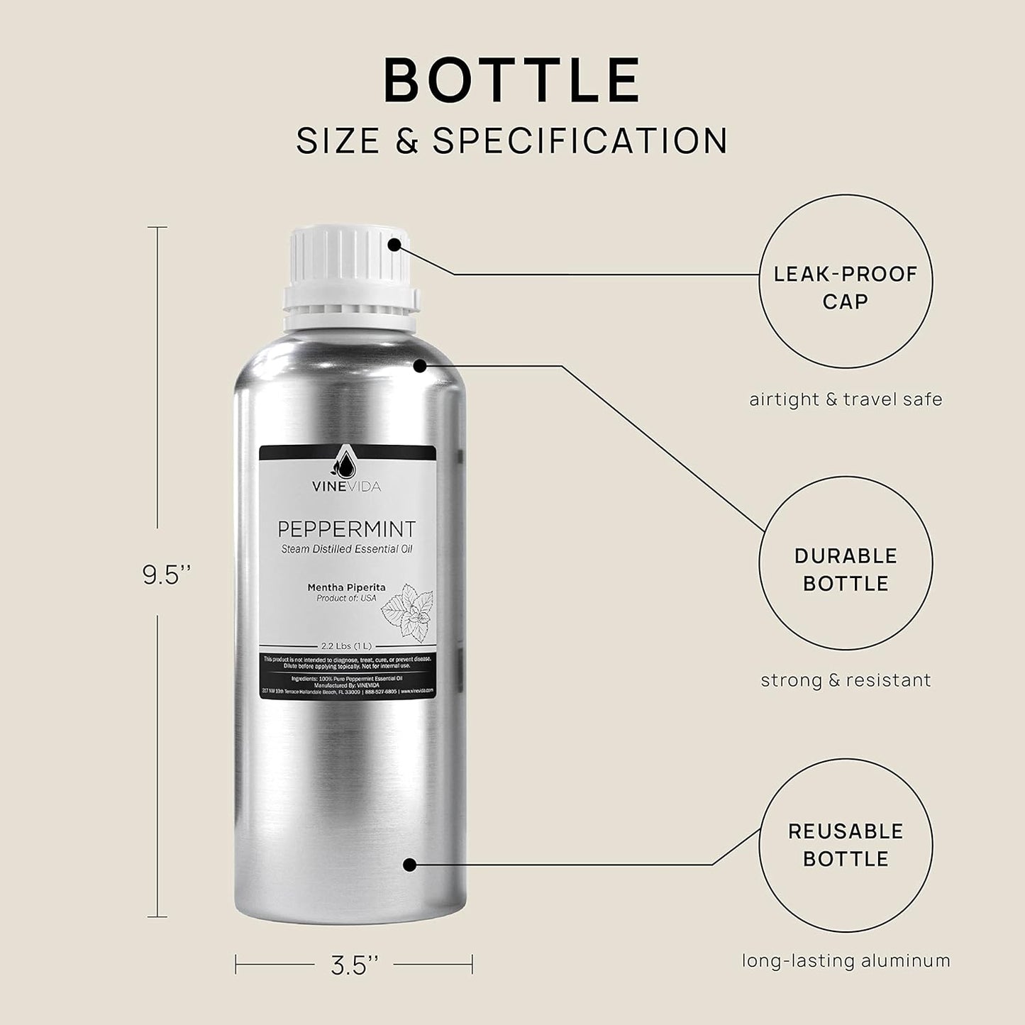 VINEVIDA Peppermint Essential Oil - 32 oz - Undiluted - DIY Candle Scents - Bulk for Soap Making & Skin Safe