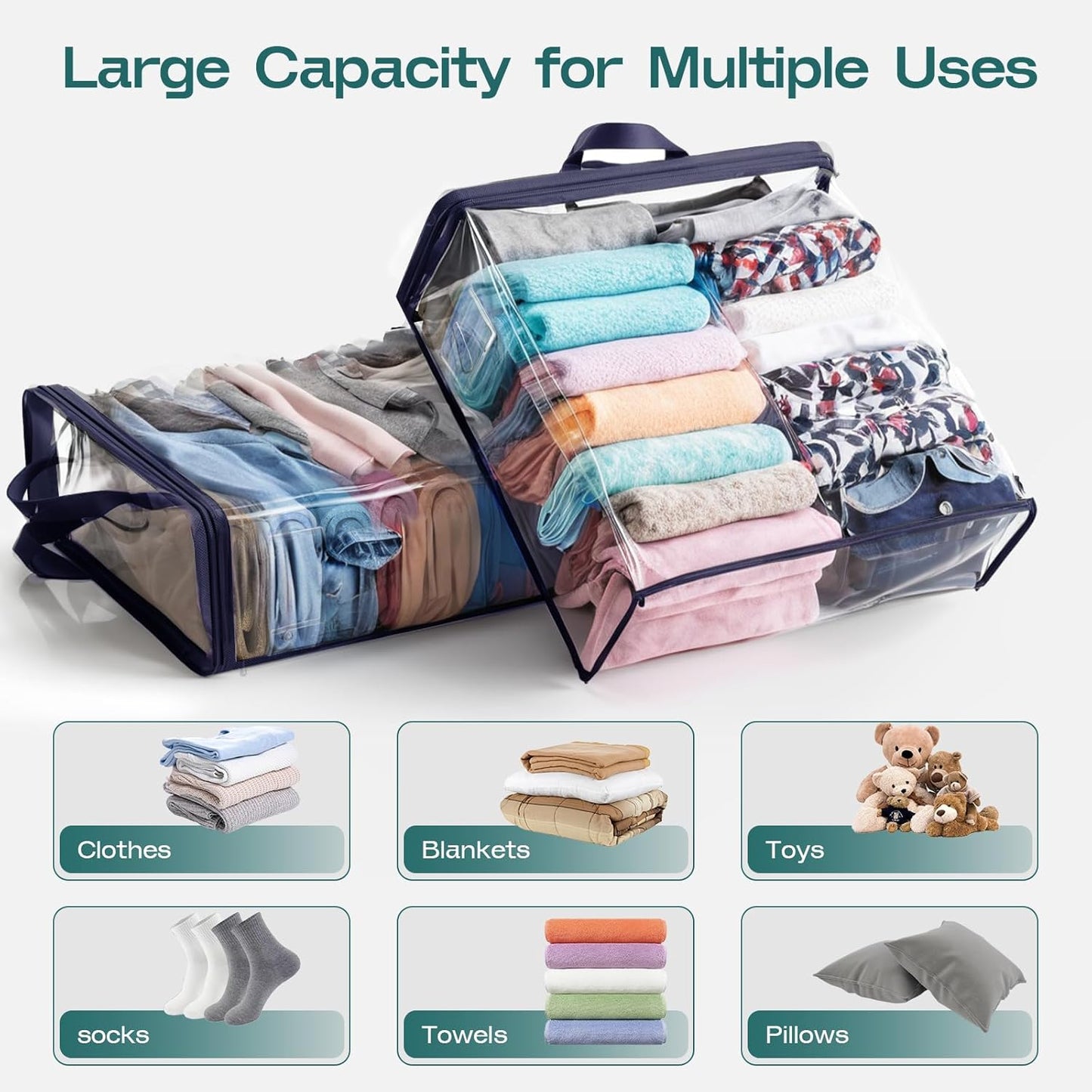 10 Pack Clear Storage Bags for Clothes, 22L Blanket Storage Bags, Under Bed Storage, Closet Organizers Bag, Upgraded Version Two-Way Zippers Design(Navy Blue)