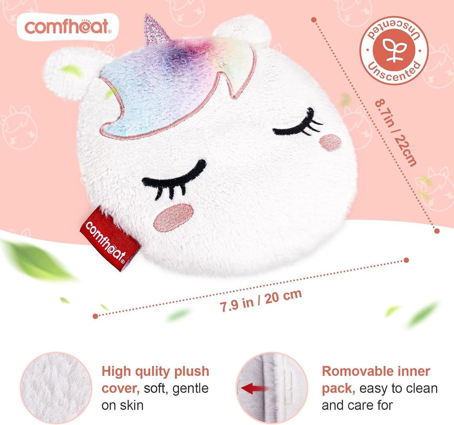 Unicorn Microwave Heating Pad for Pain Relief, Unscented Microwavable Heating Pads Stuffed Animal for Cramps, Neck Shoulder, Muscles, Natural Small Heat Pack Moist Heat with Washable Cover